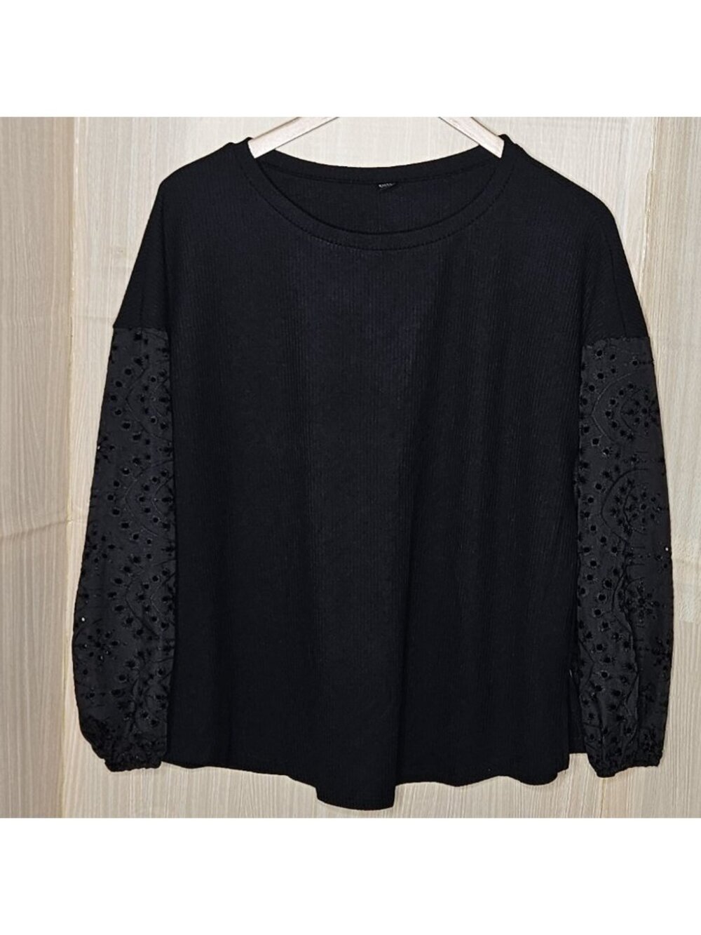 Emry Rose Womens Black Statement Eyelet Sleeve Ribbed Oversized Top Medium
